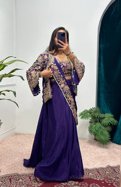SAREE WITH FULLY EMBROIDERED KOTI ON  CHINON FABRIC WITH STITCH BLOUSE