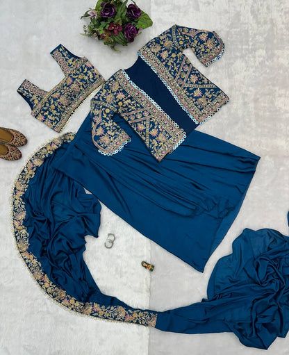 SAREE WITH FULLY EMBROIDERED KOTI ON  CHINON FABRIC WITH STITCH BLOUSE