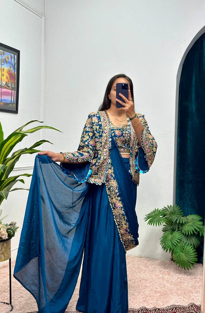 SAREE WITH FULLY EMBROIDERED KOTI ON  CHINON FABRIC WITH STITCH BLOUSE