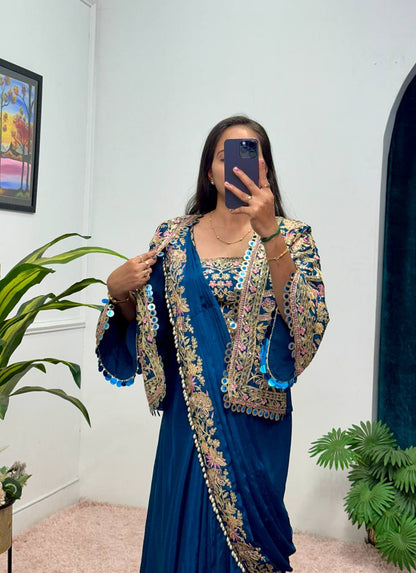 SAREE WITH FULLY EMBROIDERED KOTI ON  CHINON FABRIC WITH STITCH BLOUSE