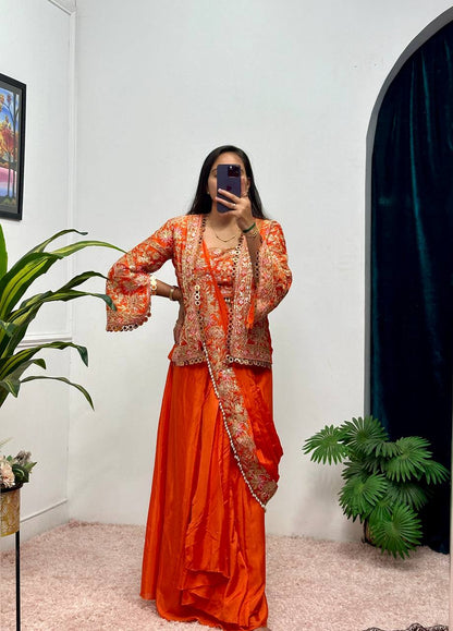 SAREE WITH FULLY EMBROIDERED KOTI ON  CHINON FABRIC WITH STITCH BLOUSE