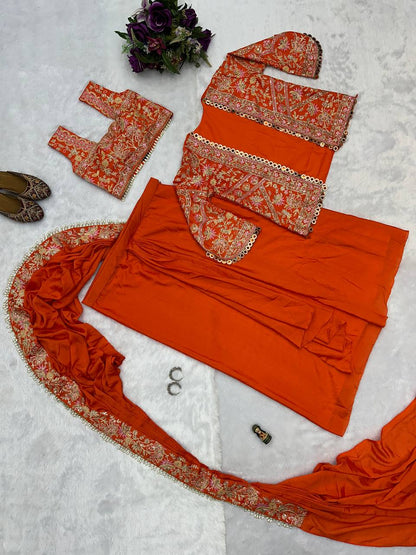 SAREE WITH FULLY EMBROIDERED KOTI ON  CHINON FABRIC WITH STITCH BLOUSE