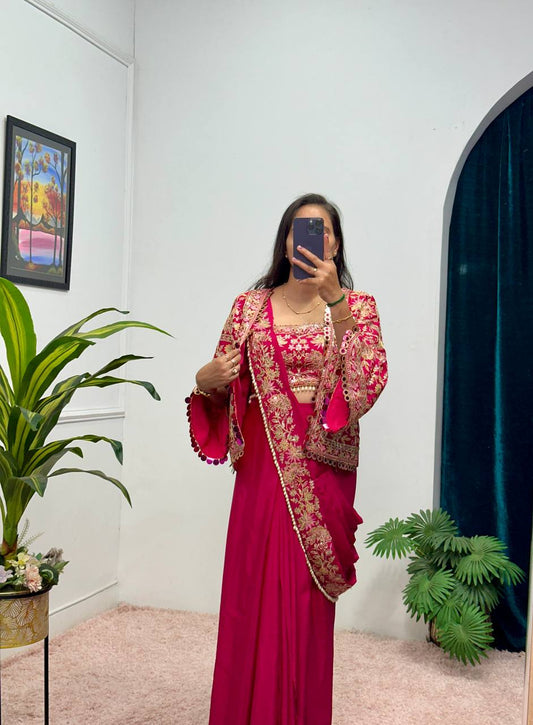 SAREE WITH FULLY EMBROIDERED KOTI ON  CHINON FABRIC WITH STITCH BLOUSE