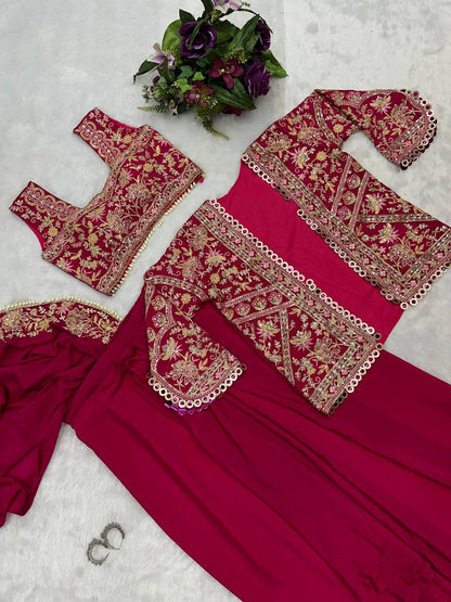SAREE WITH FULLY EMBROIDERED KOTI ON  CHINON FABRIC WITH STITCH BLOUSE