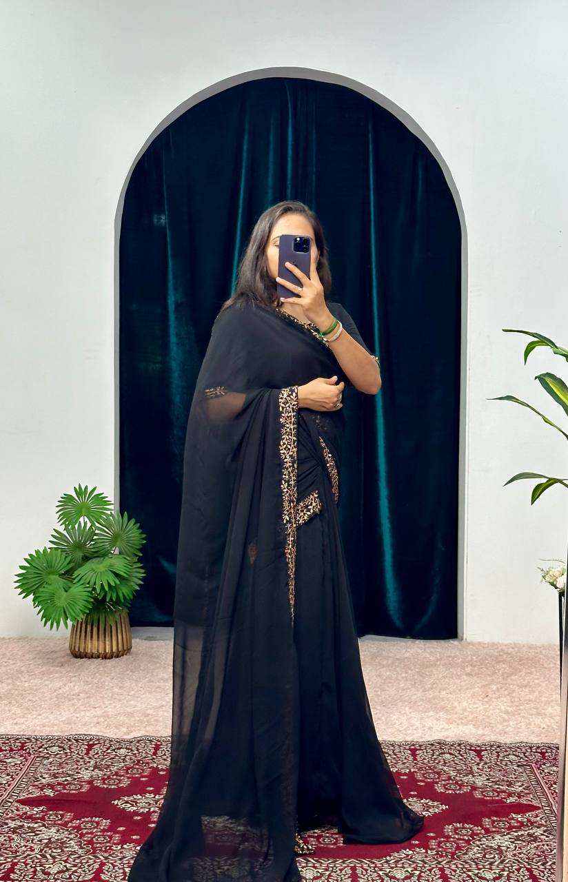 NEW SUPERHIT TRENDING FAUX GEORGETTE FABRIC WITH EMBROIDERY WORK FULL FLAIR STITCHED SAREE-GOWN 4 SIZE