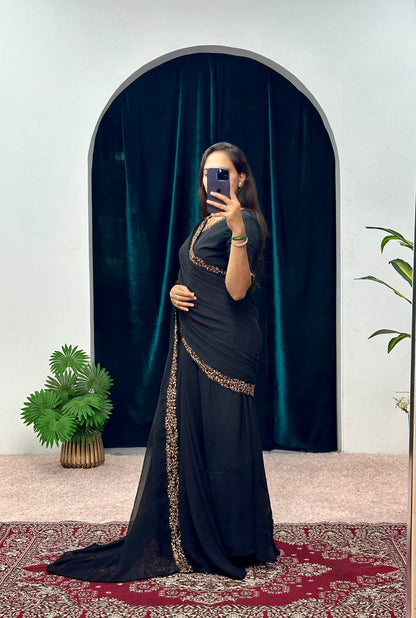 NEW SUPERHIT TRENDING FAUX GEORGETTE FABRIC WITH EMBROIDERY WORK FULL FLAIR STITCHED SAREE-GOWN 4 SIZE