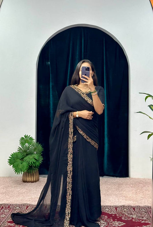NEW SUPERHIT TRENDING FAUX GEORGETTE FABRIC WITH EMBROIDERY WORK FULL FLAIR STITCHED SAREE-GOWN 4 SIZE
