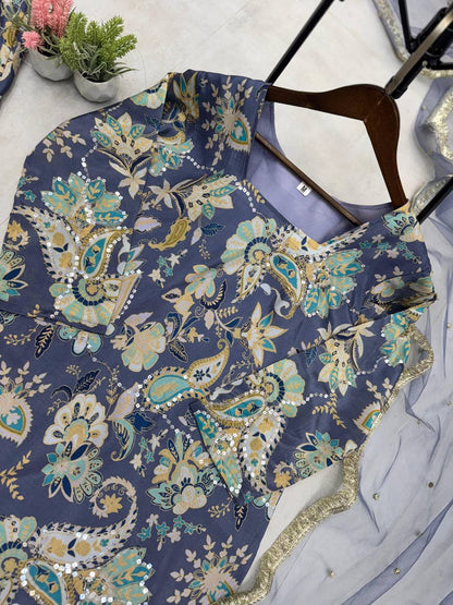 CHINON WITH SEQUANCE EMBROIDERY WORK SUIT WITH FULL FLAIR WORK SHARARA