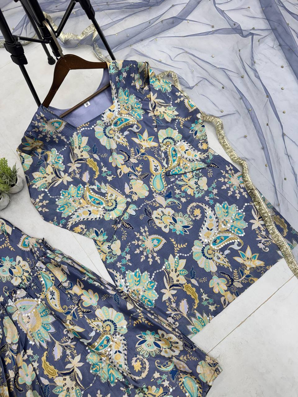 CHINON WITH SEQUANCE EMBROIDERY WORK SUIT WITH FULL FLAIR WORK SHARARA