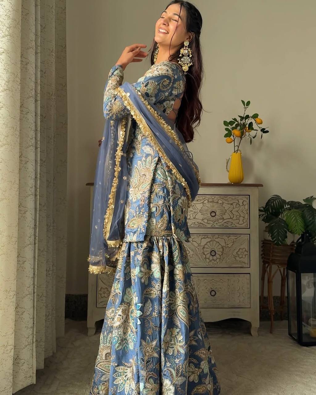CHINON WITH SEQUANCE EMBROIDERY WORK SUIT WITH FULL FLAIR WORK SHARARA