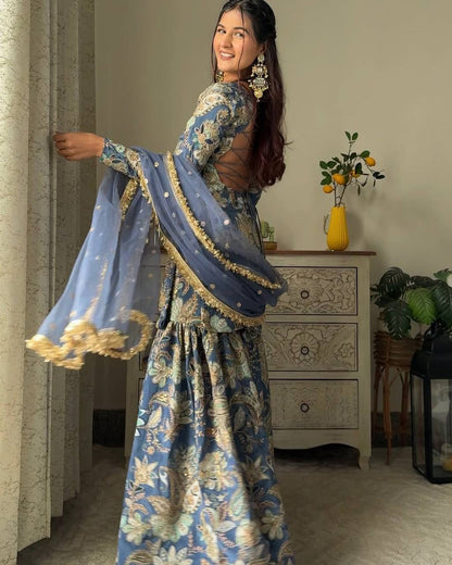 CHINON WITH SEQUANCE EMBROIDERY WORK SUIT WITH FULL FLAIR WORK SHARARA