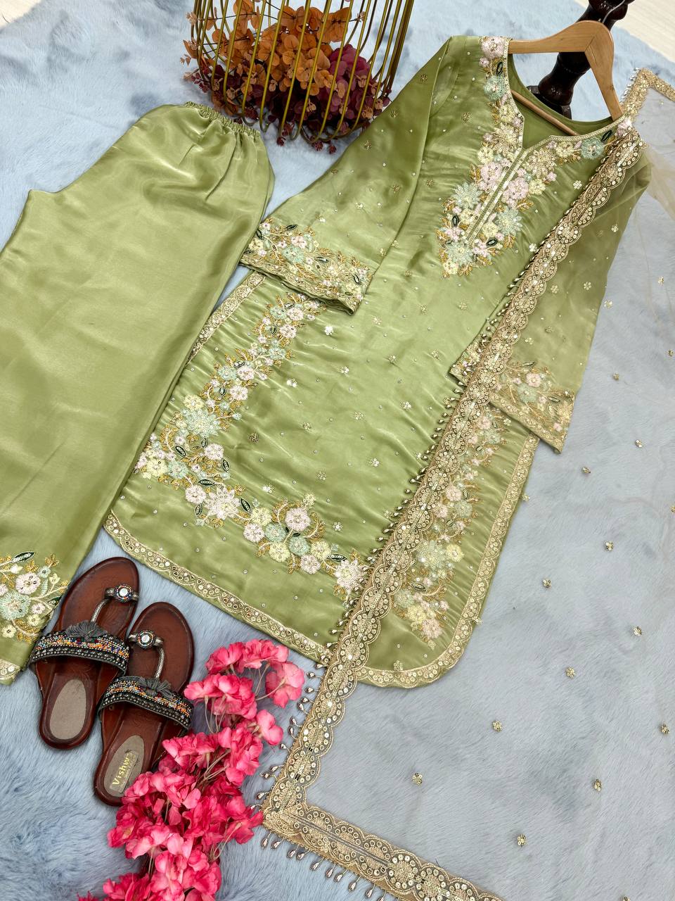 Đěsigner Party Wear Look Pur Chinon Silk Top Plazzo & Dupatta Set