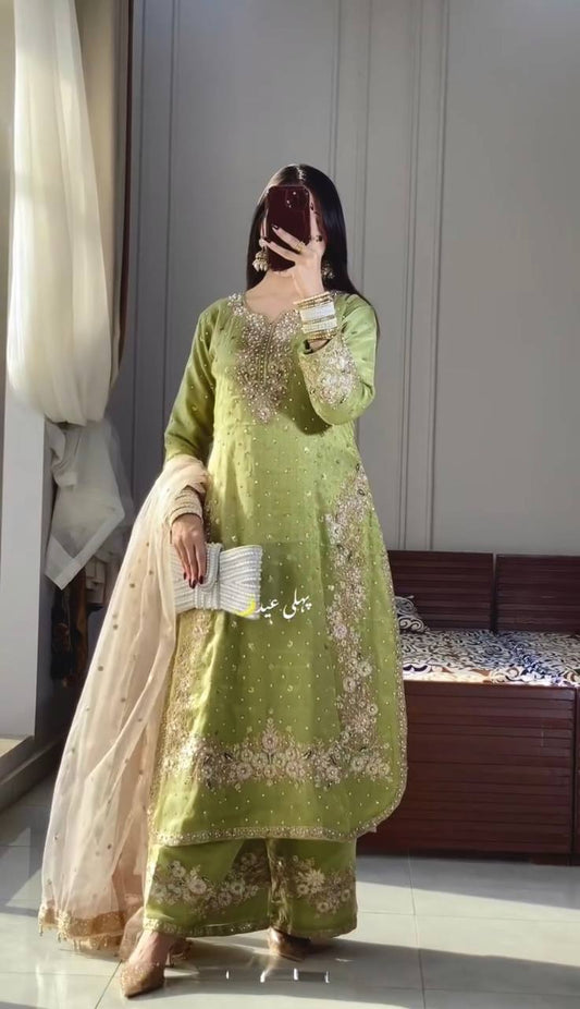 Đěsigner Party Wear Look Pur Chinon Silk Top Plazzo & Dupatta Set
