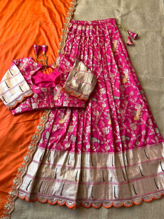 MUNIYA PAITHANI LEHENGHA aithani Dola  silk with embroidery cut work lace  Lehengha