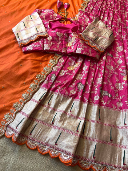 MUNIYA PAITHANI LEHENGHA aithani Dola  silk with embroidery cut work lace  Lehengha