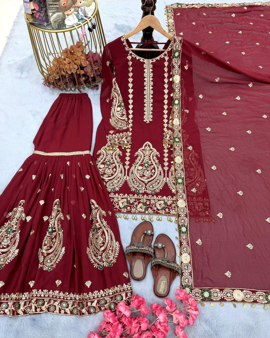 Đěsigner Party Wear Look Heavy Faux Georgette Top Plazzo & Dupatta Set