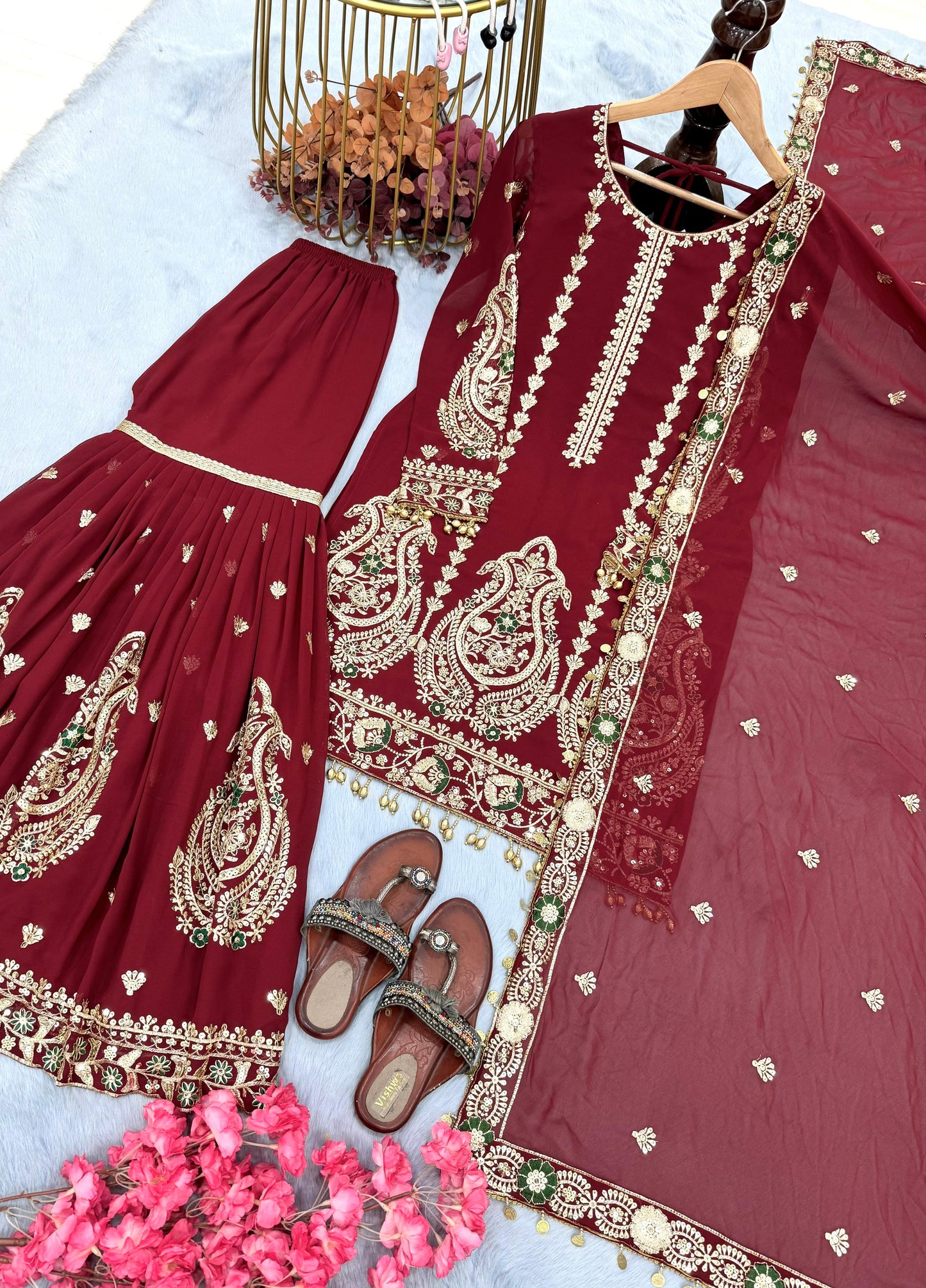 Đěsigner Party Wear Look Heavy Faux Georgette Top Plazzo & Dupatta Set