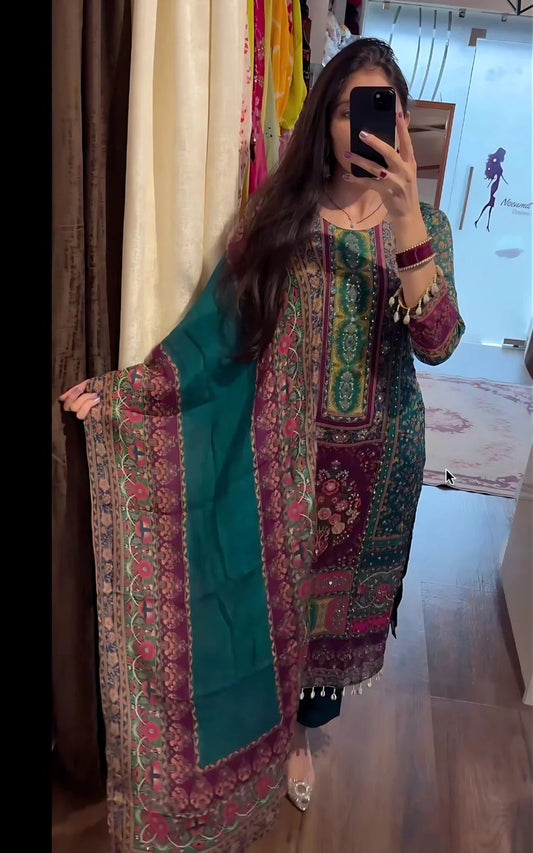 Pure Muslin Fabric With Original Mirror & Stone   Work Kurti Pant & Dupatta With Original Kodi Lace work With Lining