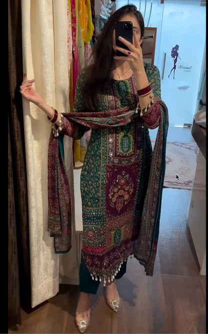 Pure Muslin Fabric With Original Mirror & Stone   Work Kurti Pant & Dupatta With Original Kodi Lace work With Lining