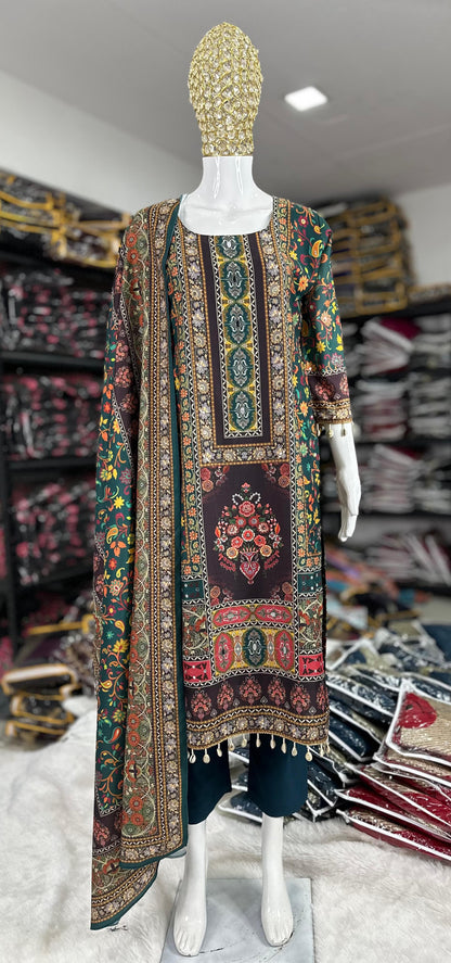 Pure Muslin Fabric With Original Mirror & Stone   Work Kurti Pant & Dupatta With Original Kodi Lace work With Lining