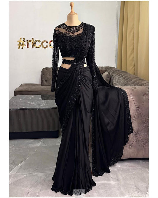 Looking some one for this same colour beautiful Designer Saree on Satin Silk Febric  with Thred & Sequnce work Blouse on Soft net Febric with Thred with Sequnce work and Belt on also Satin silk febric
