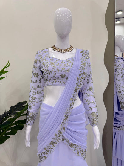 Reday to wear Lehengha  saree on Fox Gorgette fabric on thread work with side zip chine