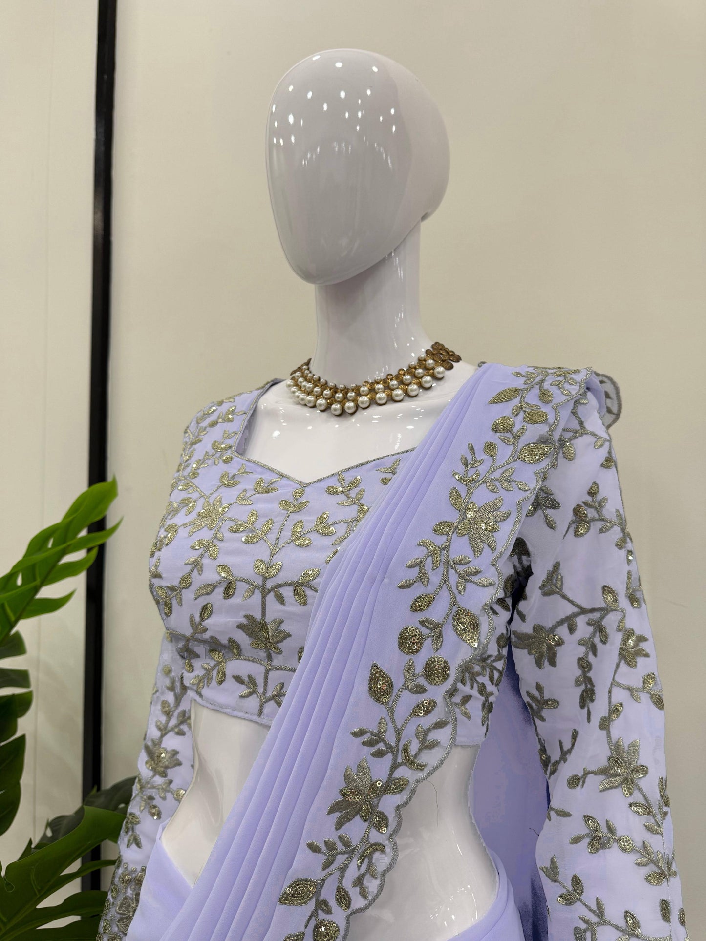 Reday to wear Lehengha  saree on Fox Gorgette fabric on thread work with side zip chine