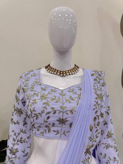 Reday to wear Lehengha  saree on Fox Gorgette fabric on thread work with side zip chine