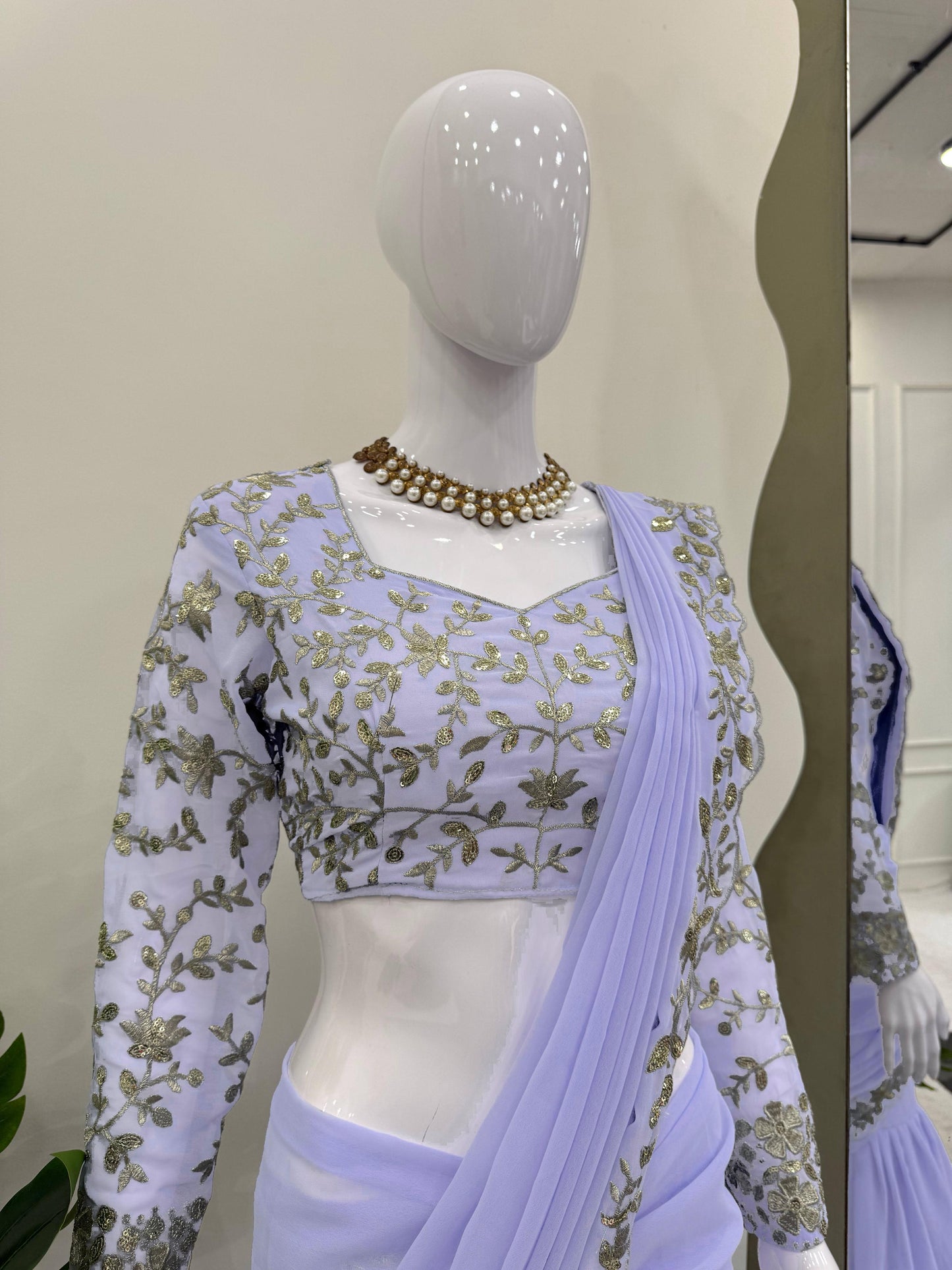 Reday to wear Lehengha  saree on Fox Gorgette fabric on thread work with side zip chine