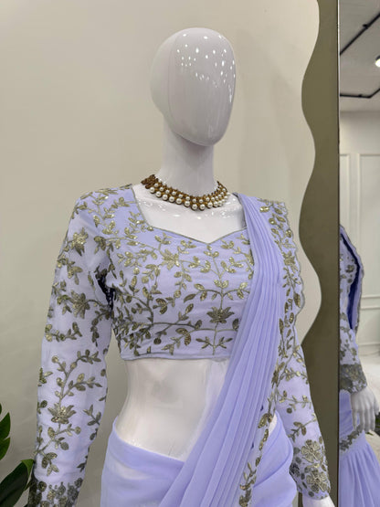 Reday to wear Lehengha  saree on Fox Gorgette fabric on thread work with side zip chine