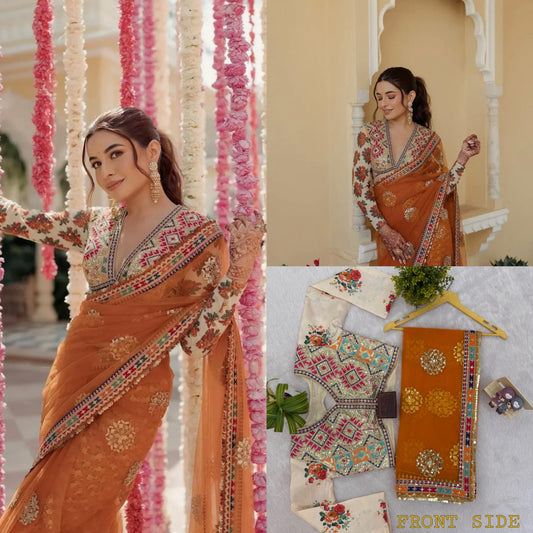 LAUNCHING NEW SUPERHIT DESIGN ON NET FABRIC WITH HEAVY EMBROIDERY & FANCY LACE WORK SAREE WITH STITCH BLOUSE