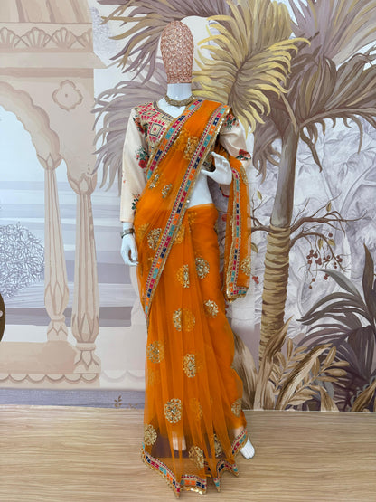 LAUNCHING NEW SUPERHIT DESIGN ON NET FABRIC WITH HEAVY EMBROIDERY & FANCY LACE WORK SAREE WITH STITCH BLOUSE