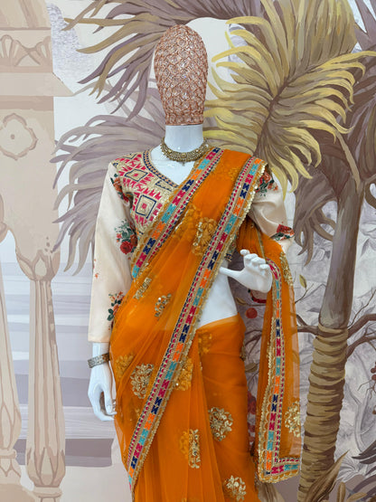 LAUNCHING NEW SUPERHIT DESIGN ON NET FABRIC WITH HEAVY EMBROIDERY & FANCY LACE WORK SAREE WITH STITCH BLOUSE