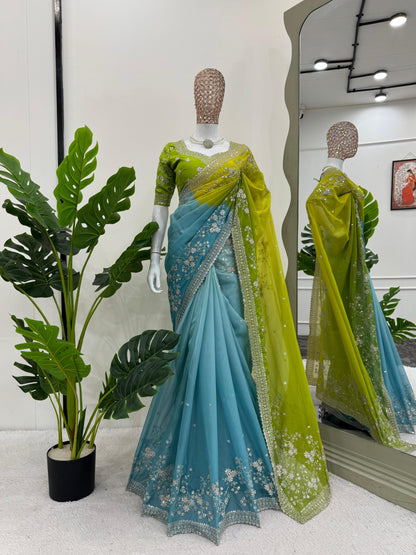 Looking some one for this same colour beautiful Designer Saree on Tibby silk Febric with Thred & Sequnce work with Digital Print and Blouse on Mono Benglori Silk Febric With Thred & Sequnce work