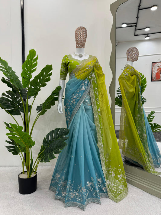 Looking some one for this same colour beautiful Designer Saree on Tibby silk Febric with Thred & Sequnce work with Digital Print and Blouse on Mono Benglori Silk Febric With Thred & Sequnce work