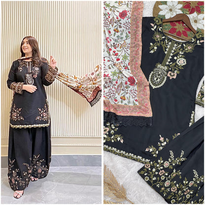 NEW FASHIONABLE COLLECTION 3 PIECE FANCY KURTI WITH BOTTOM AND PRINTED DUPATTA