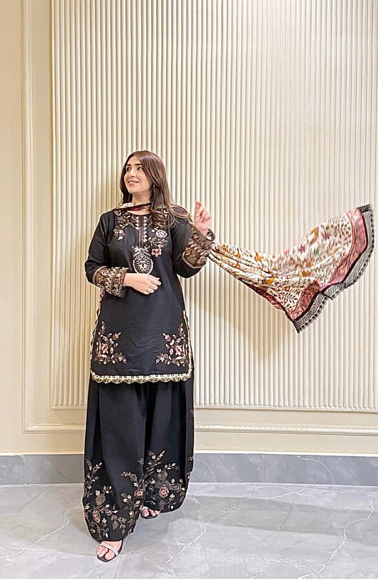 NEW FASHIONABLE COLLECTION 3 PIECE FANCY KURTI WITH BOTTOM AND PRINTED DUPATTA