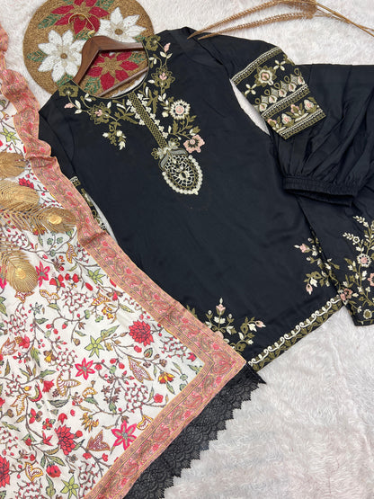 NEW FASHIONABLE COLLECTION 3 PIECE FANCY KURTI WITH BOTTOM AND PRINTED DUPATTA