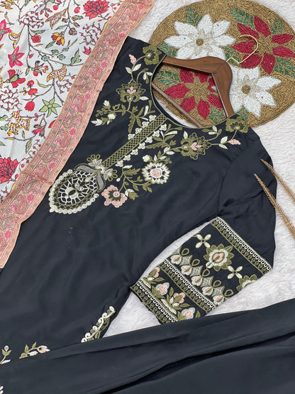 NEW FASHIONABLE COLLECTION 3 PIECE FANCY KURTI WITH BOTTOM AND PRINTED DUPATTA