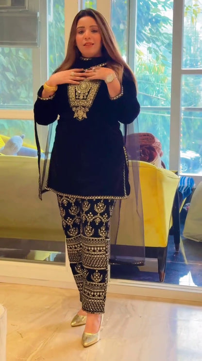 VELVET SEQUENCE EMBROIDERY WORK SUIT PANT WITH DUPATTA single available wholesale