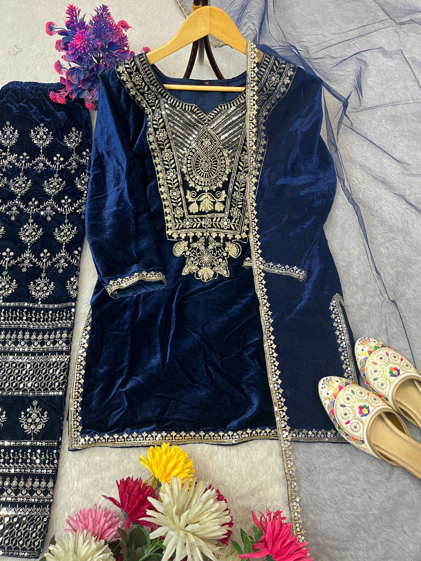 VELVET SEQUENCE EMBROIDERY WORK SUIT PANT WITH DUPATTA single available wholesale
