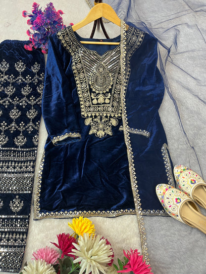 VELVET SEQUENCE EMBROIDERY WORK SUIT PANT WITH DUPATTA single available wholesale
