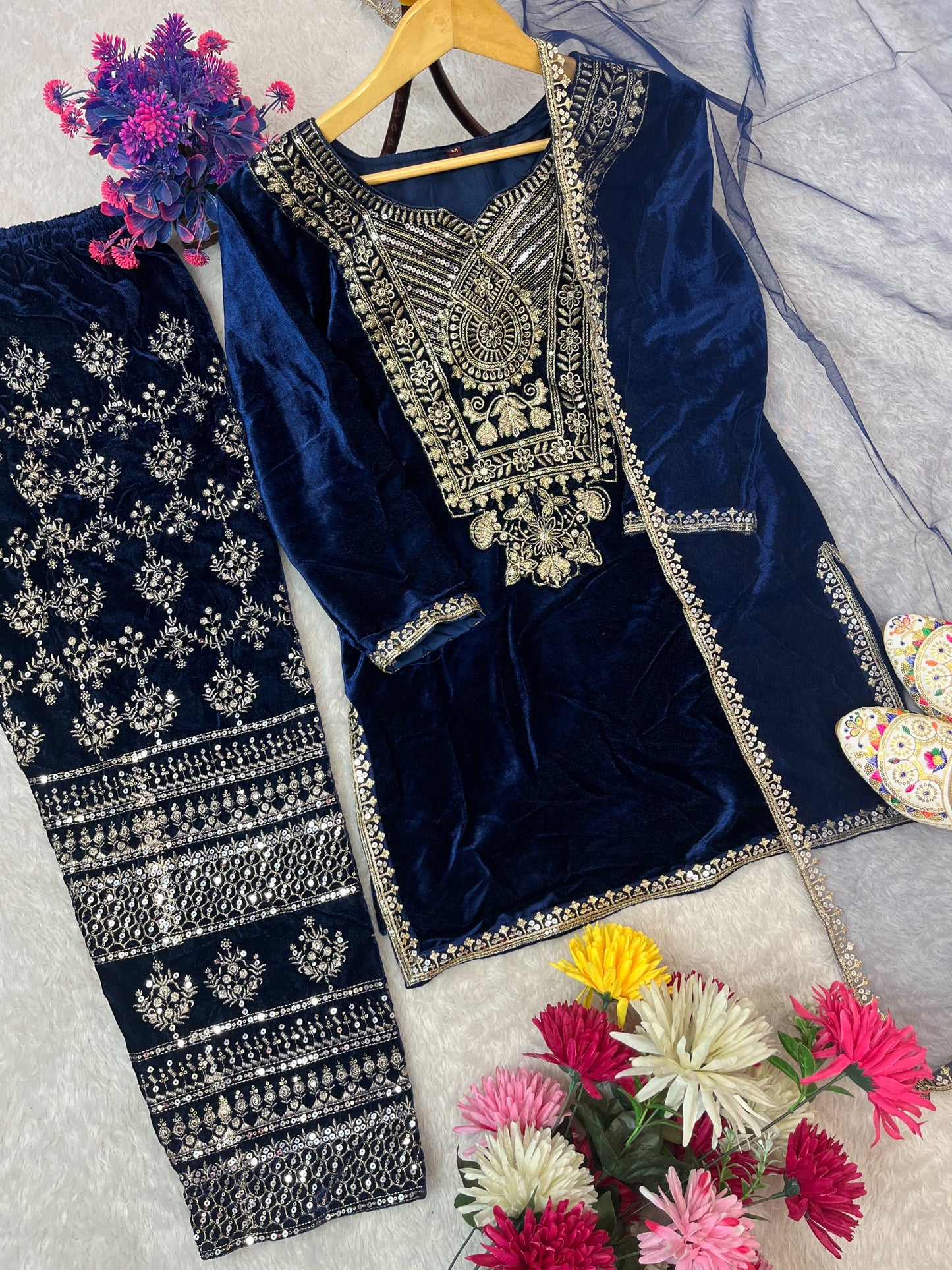 VELVET SEQUENCE EMBROIDERY WORK SUIT PANT WITH DUPATTA single available wholesale