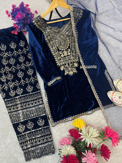 VELVET SEQUENCE EMBROIDERY WORK SUIT PANT WITH DUPATTA single available wholesale