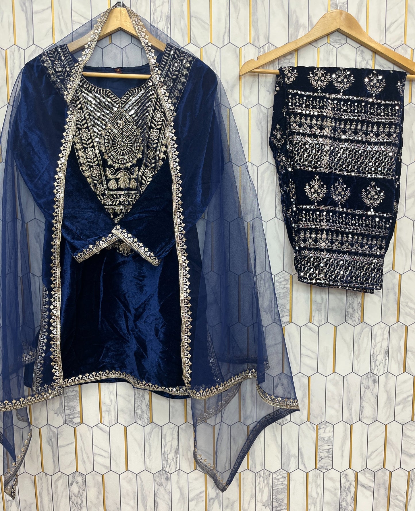 VELVET SEQUENCE EMBROIDERY WORK SUIT PANT WITH DUPATTA single available wholesale