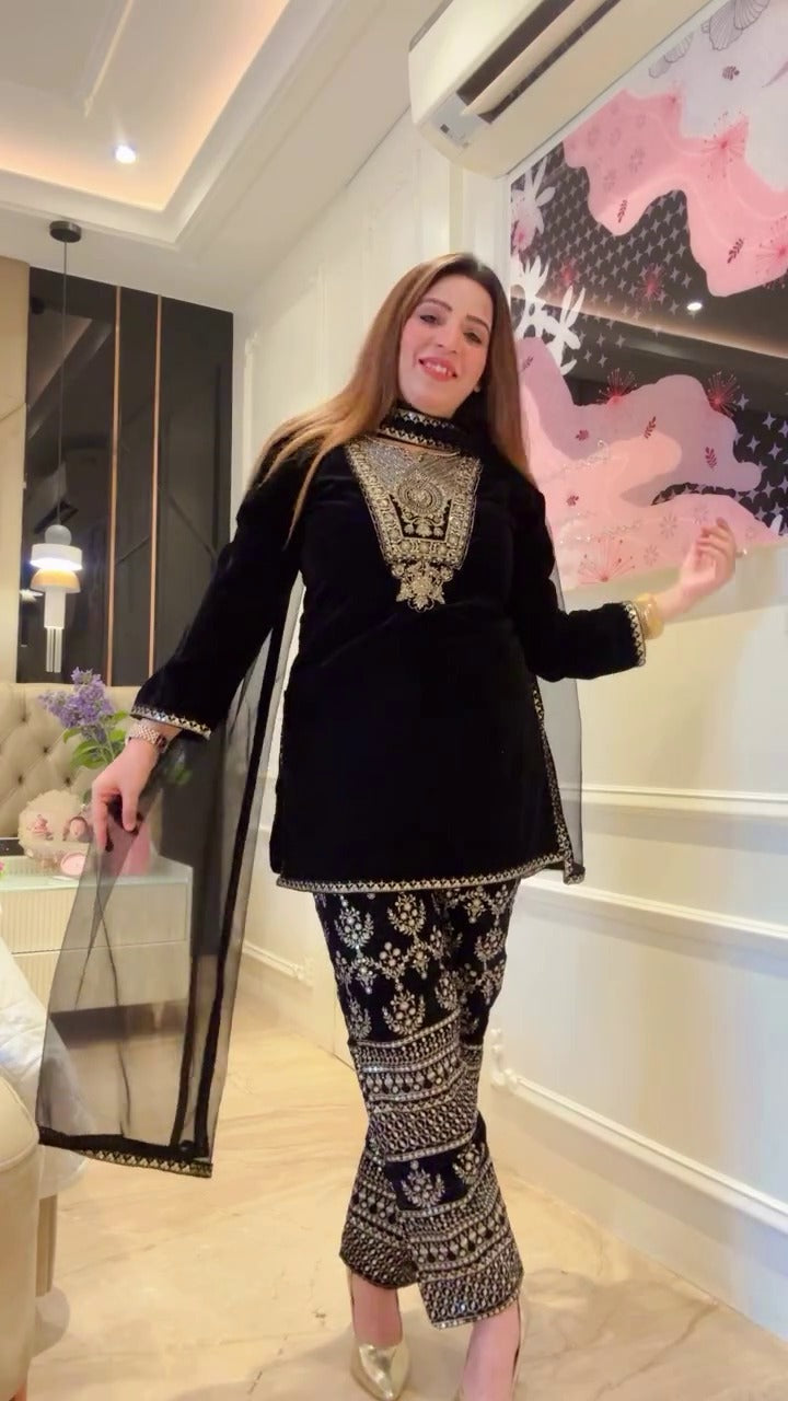 VELVET SEQUENCE EMBROIDERY WORK SUIT PANT WITH DUPATTA single available wholesale