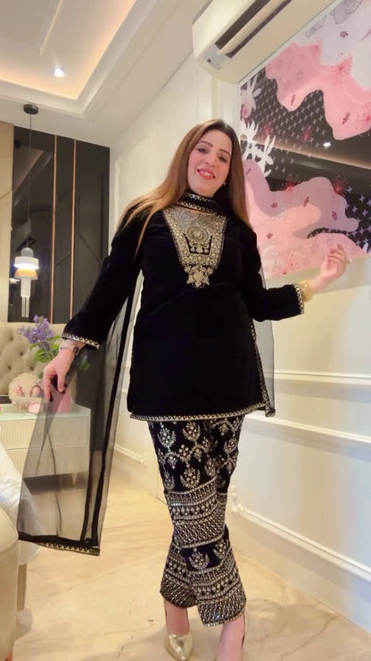 VELVET SEQUENCE EMBROIDERY WORK SUIT PANT WITH DUPATTA single available wholesale