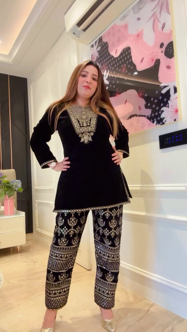 VELVET SEQUENCE EMBROIDERY WORK SUIT PANT WITH DUPATTA single available wholesale