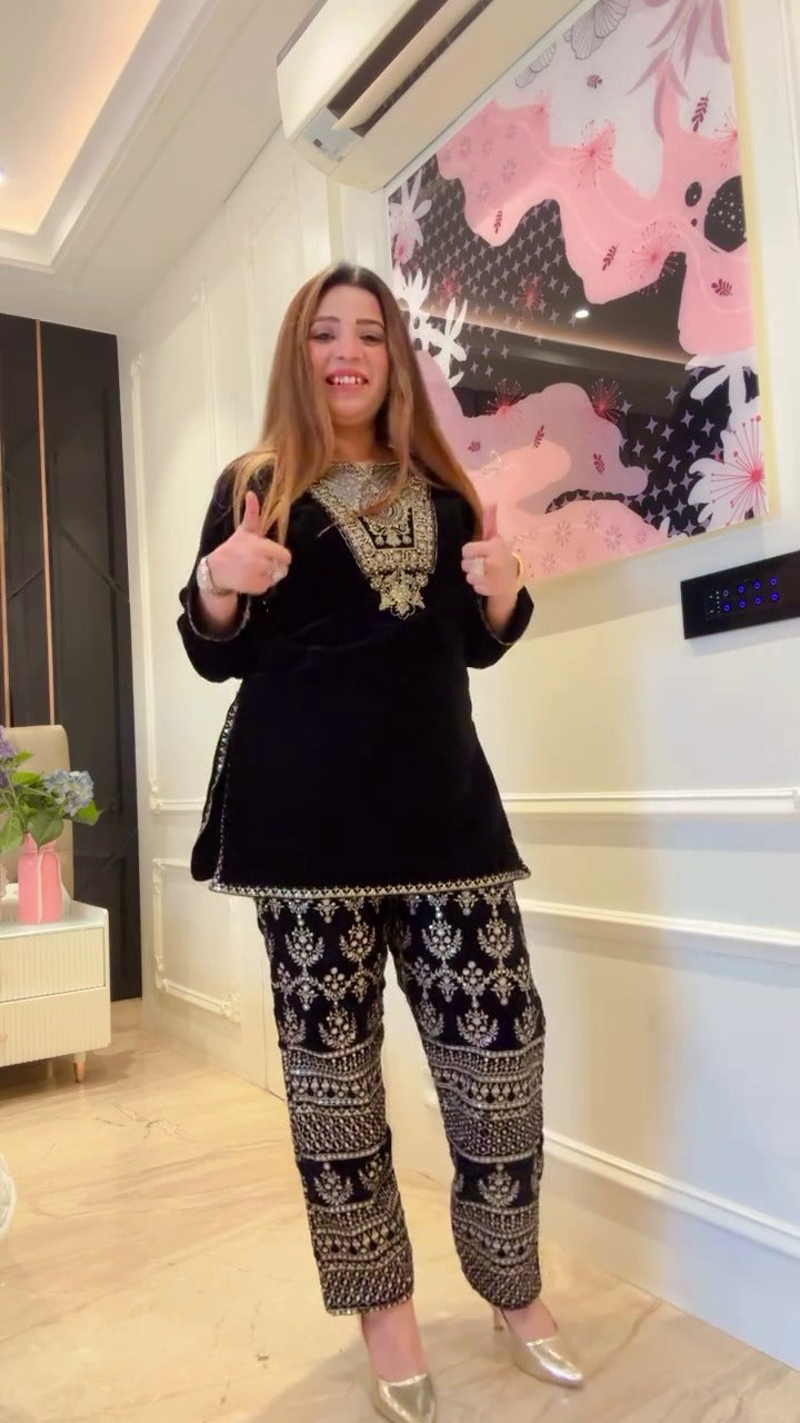 VELVET SEQUENCE EMBROIDERY WORK SUIT PANT WITH DUPATTA single available wholesale