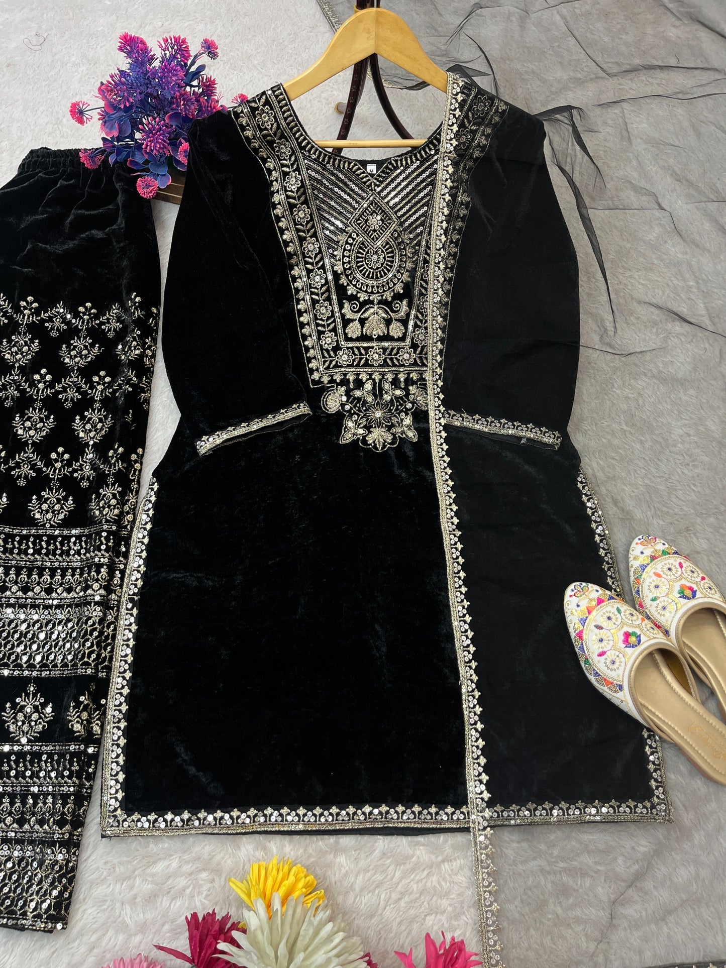 VELVET SEQUENCE EMBROIDERY WORK SUIT PANT WITH DUPATTA single available wholesale
